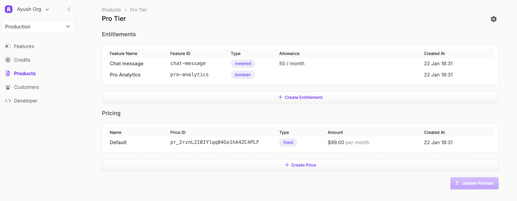 Autumn dashboard showing product entitlements and pricing