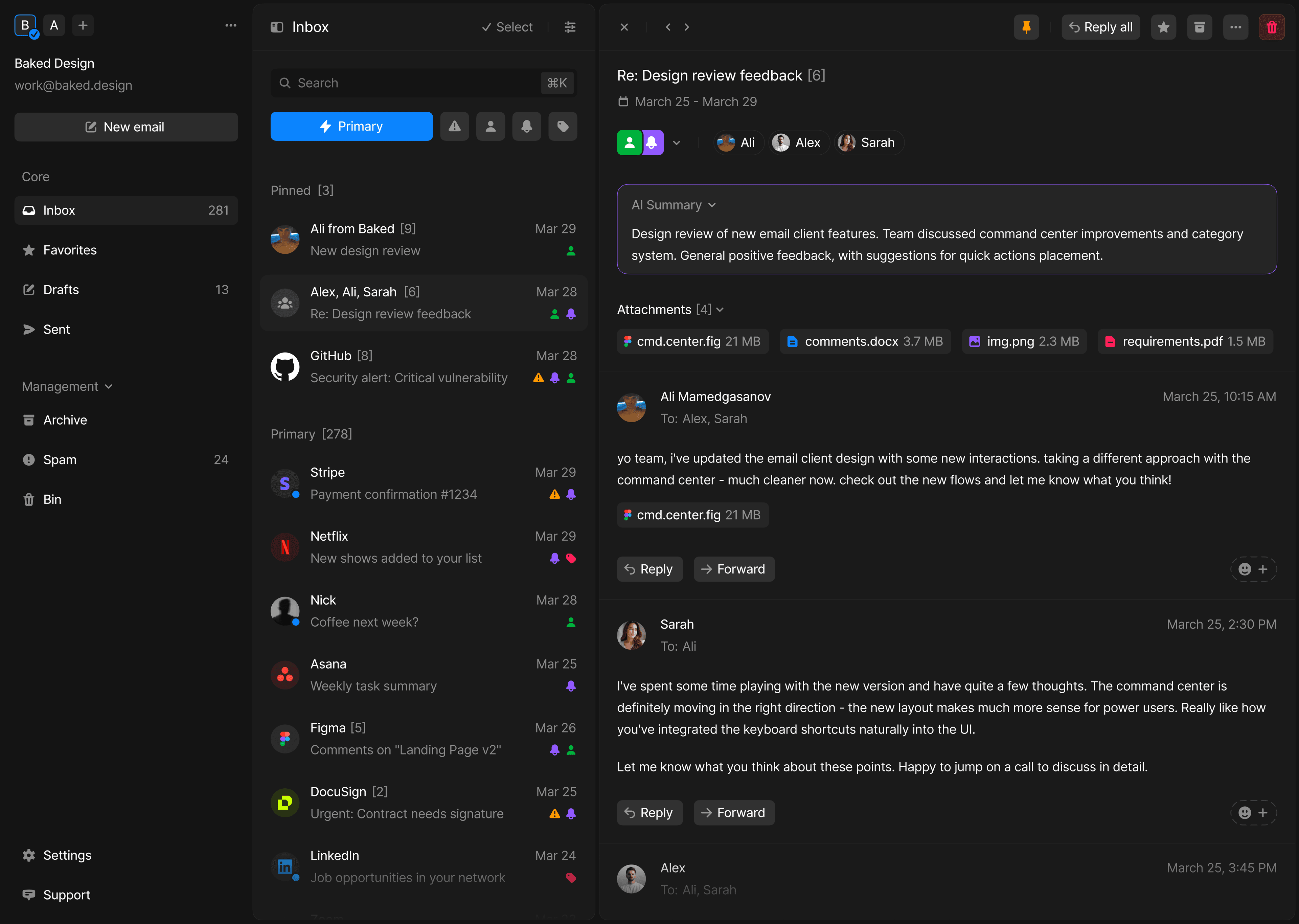 OpenShip Mail dark three-pane webmail interface