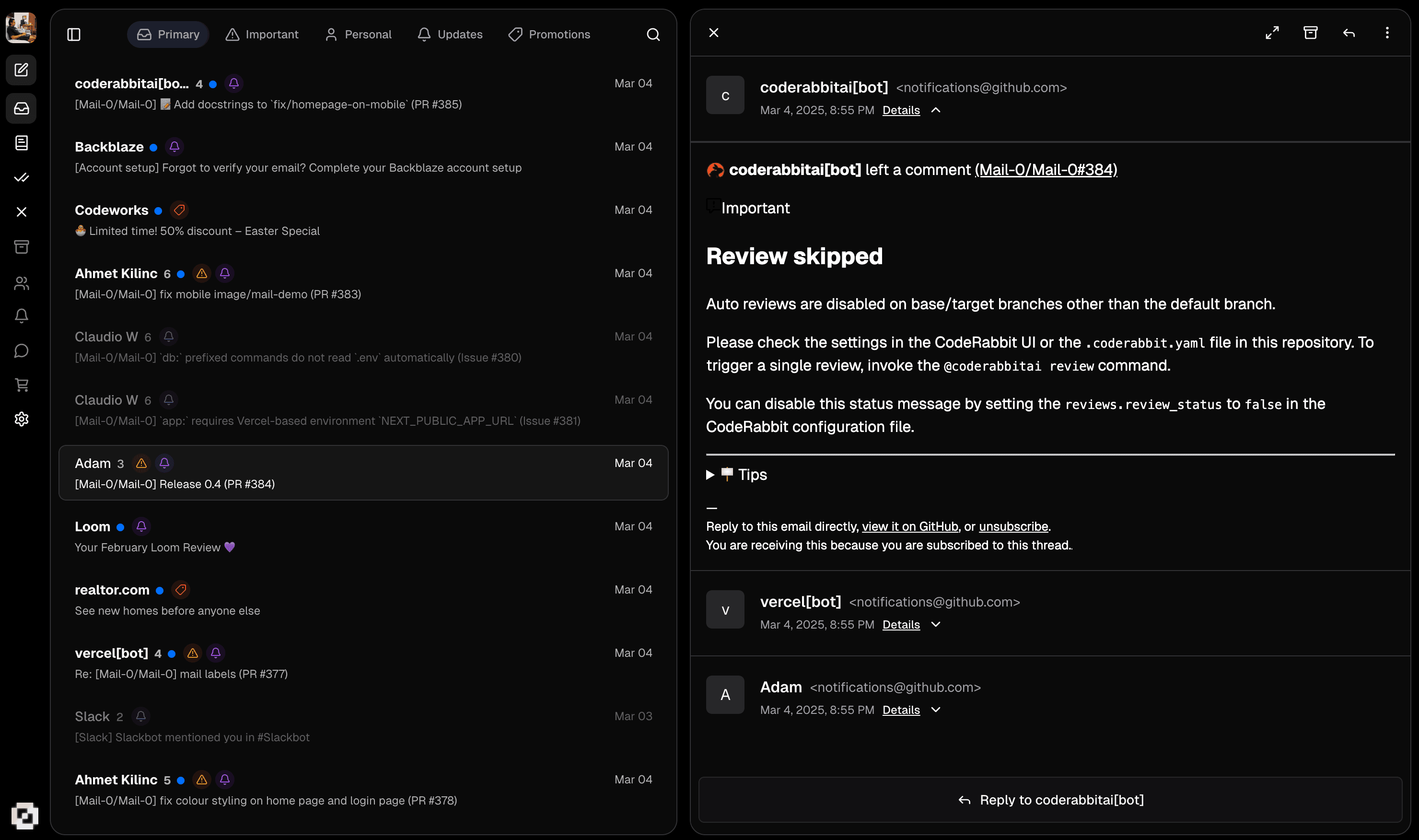 Zero three-pane email interface
